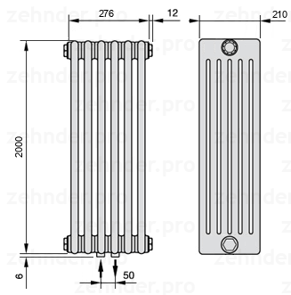 Схема (чертеж) Радиатор Zehnder Charleston 6200/6 №3470 Белый глянцевый RAL 9016